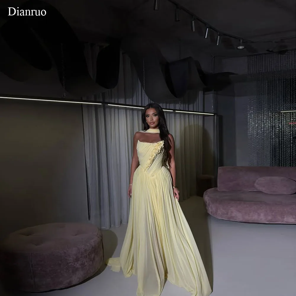 

Dianruo Ribbons Strapless Evening Dress A Line Pleated Vestido Formales Yellow Chiffon 3D FlowersVestidos De Verano Customized
