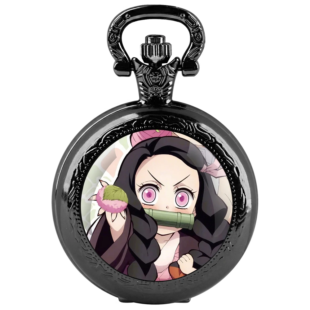 Kamado Nezuko Glass Dome Black Quartz Pocket Watch with Arabic Numerals Dial and Durable Chain Retro Gift for Men Women