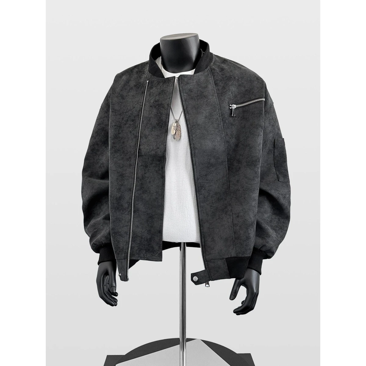 

Waed Heavy Zipper Men's Denim Jaet Spring Autumn Bla ey Workwear American Sle Faion Urban Casual Long Sve PU L...