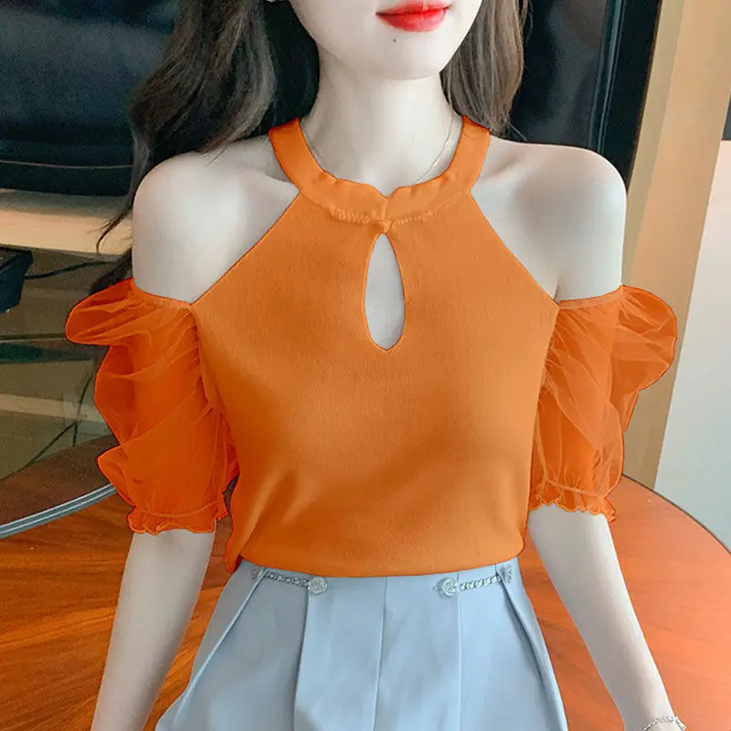 Short-sleeved T-shirt for Women Mesh Sleeves Slim Retro Thin Sweater 2025 Summer New Hollow Neck Off-shoulder Top for Women