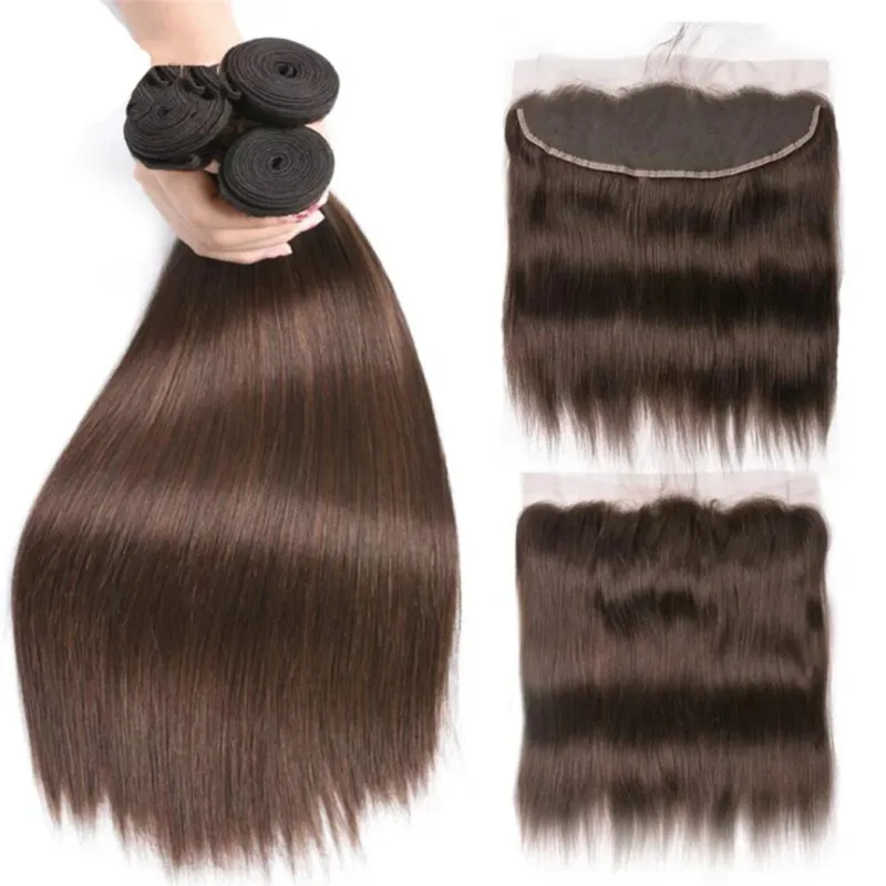 Bundel rambut manusia lurus dengan penutup coklat ekstensi tenun coklat untuk wanita rambut manusia asli 3 bundel Frontal 13x4 renda