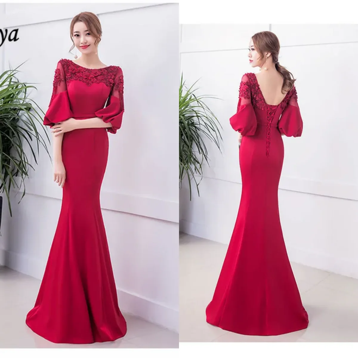 

Evening Dress Burgundy Floral O-neck Half Sleeves Mermaid Trumpet Floor Length Pluss ize Women Party Formal Gown Robe de Soiree