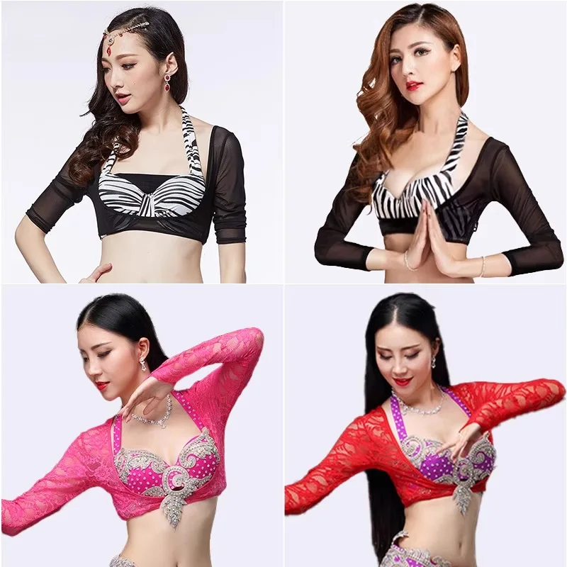 Trajes de danza del vientre personalizados, sujetador de malla, soporte para el pecho, Top corto de manga larga, Base de gasa de agua, camisola de danza oriental en forma de U