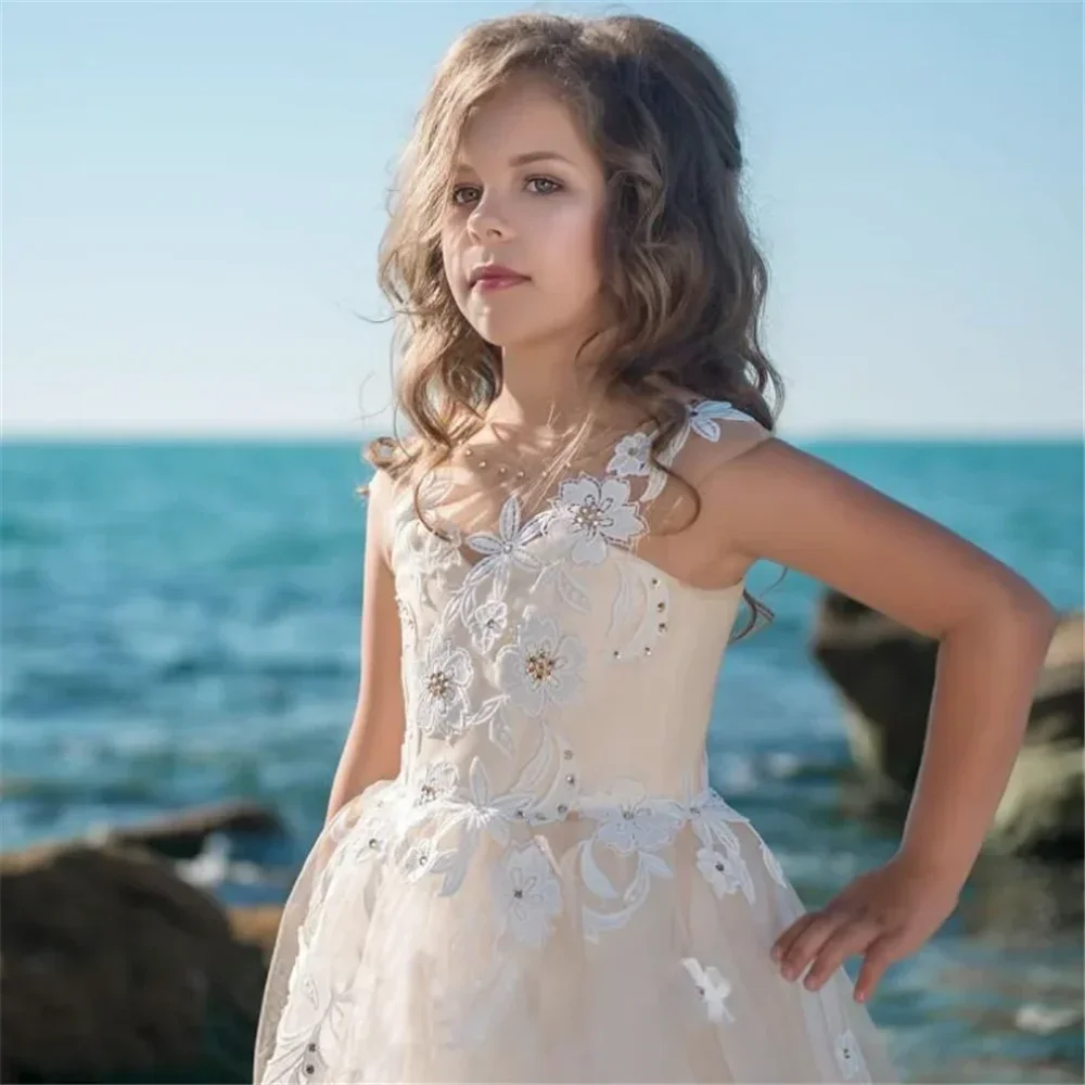 Elegant Flower Girl Dress Sleeveless Tulle Lace Printing Ball Beauty Pageant First Communion Kids Birthday Customised Gowns