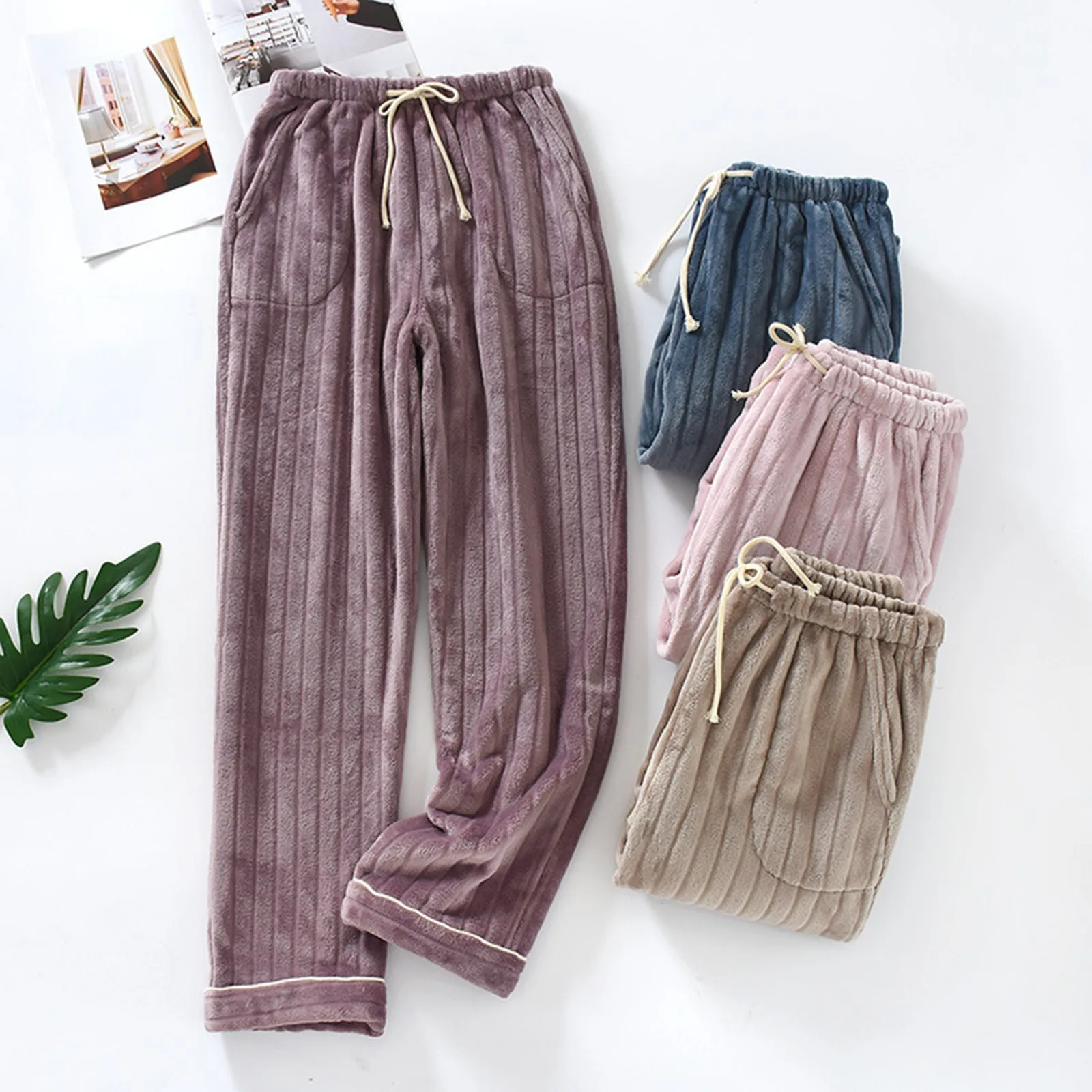 New Winter Fleece Plush Pajama Pants Thick Men And Women Home Pants Soft Elastic Waist Loose Trousers Solid Pajamas Bottoms