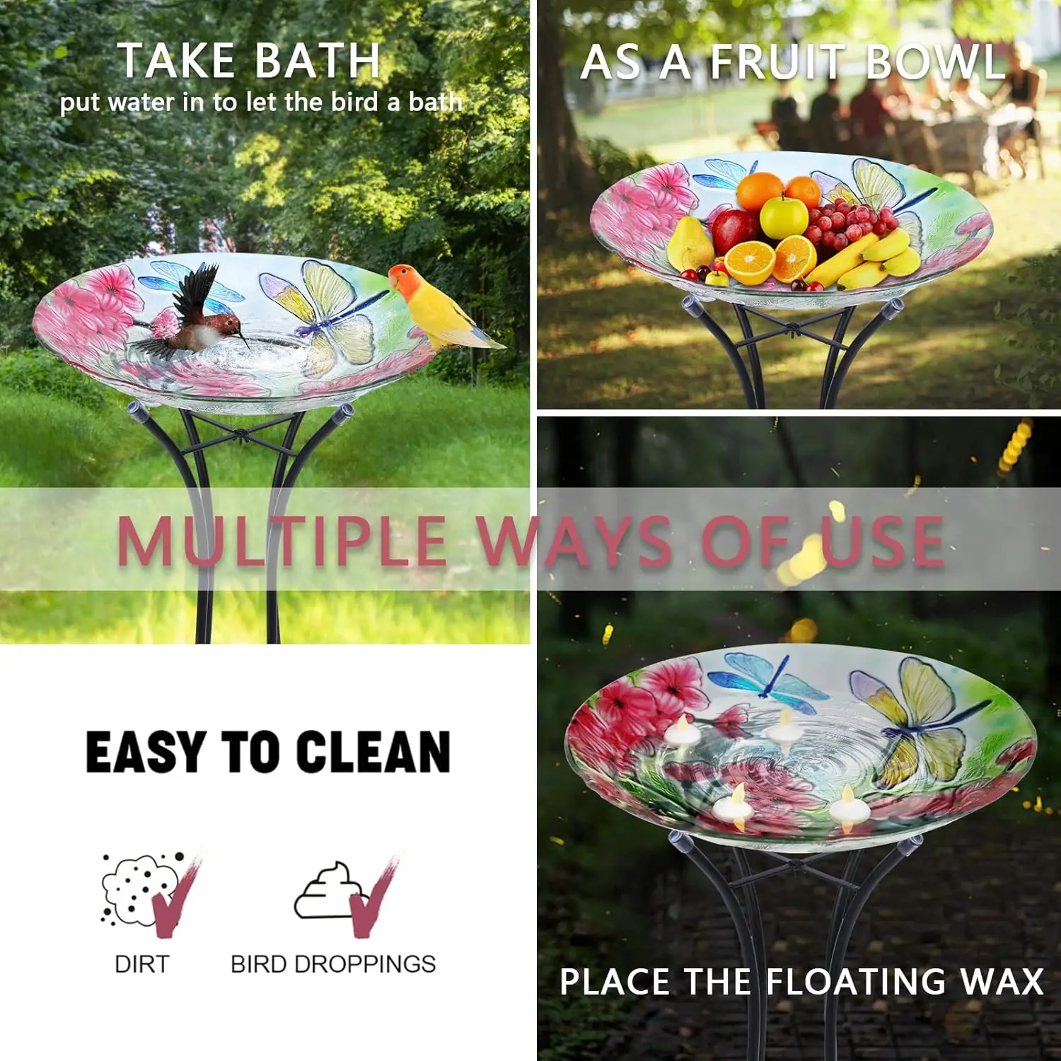 وعاء حمام كبير على شكل طائر اليعسوب مع حامل معدني، حمام طيور زجاجي خارجي لديكور ساحة الحديقة