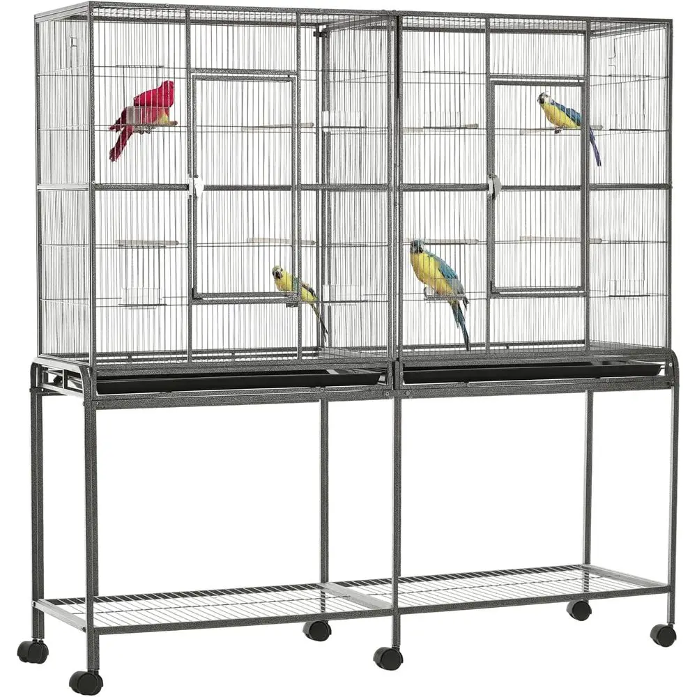 

65" Double Rolling Metal Bird Cage with Divider, Large Parrot Cage for Parakeet, Canaries, Lovebirds, Budgie, Finch, with Detach