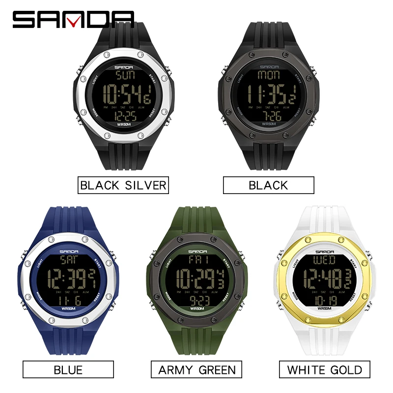 SANDA Jam Tangan Olahraga Pria Jam Tangan Elektronik Display LED HD Bercahaya Waktu Kalori Jam Tangan Militer Multifungsi Kedap Air Reloj