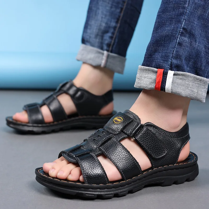 New Men's Sandals Genuine Leather Sandal Outdoor Casual Sandals Non Slip Beach Shoes for Men Driving Big Size
