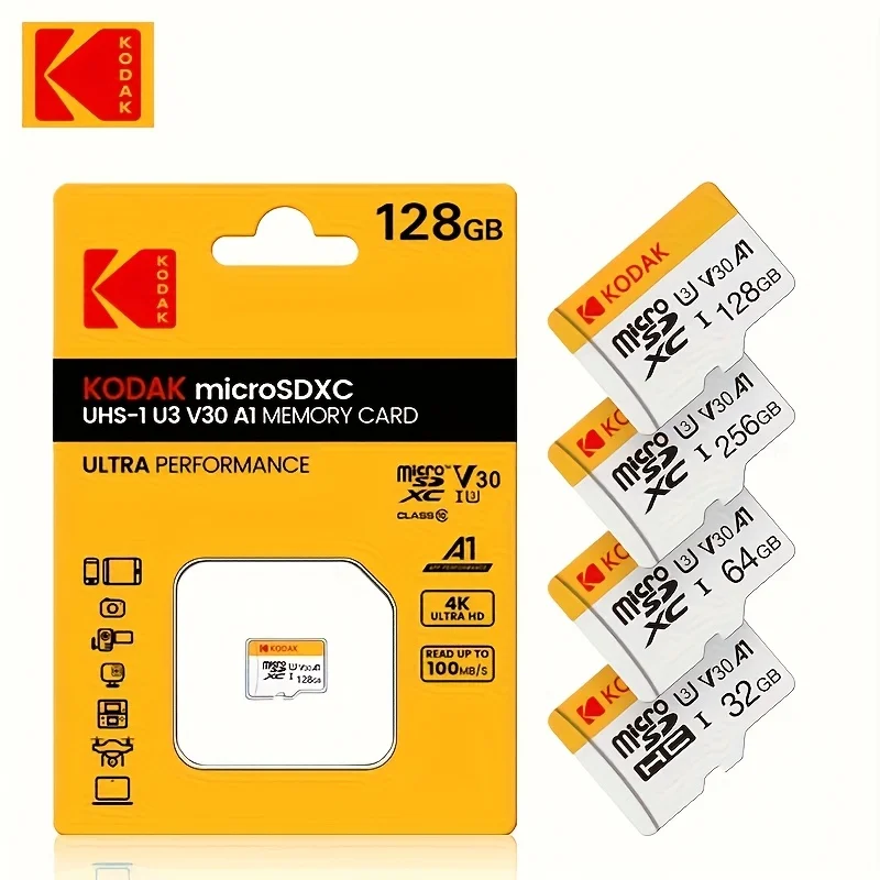Kartu memori Kodak Micro SDCC/SDHC 32GB-256GB, performa tinggi cocok untuk penyimpanan ponsel, kamera, dan komputer
