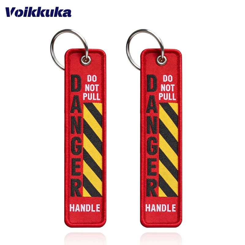 1Pc/2Pcs/3Pcs Set Sale Two Side Woven Labels Do Not Pull Danger Warning Lines Red Labels Motorcycle Aviation Keychain