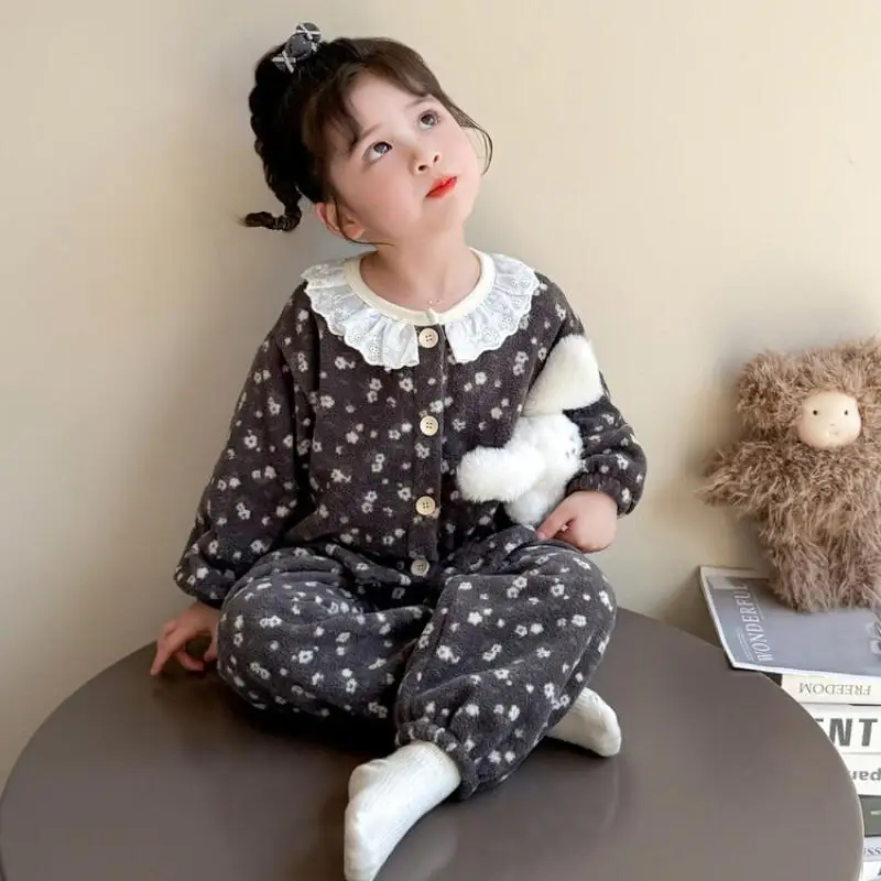 الفانيلا المنزل اثنين الفتيات الخريف الشتاء مجموعة الطفل سميكة الدافئة الأطفال Kawaii معطف غير رسمي القمم قطعة المرجان المخملية بيجامة غرزة' #6