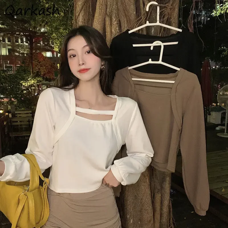 Camisetas de manga larga para mujer, moda coreana, ropa de primavera, Tops de nuevo estilo para mujer, camiseta sencilla con cuello cuadrado, camisetas informales lisas 2021