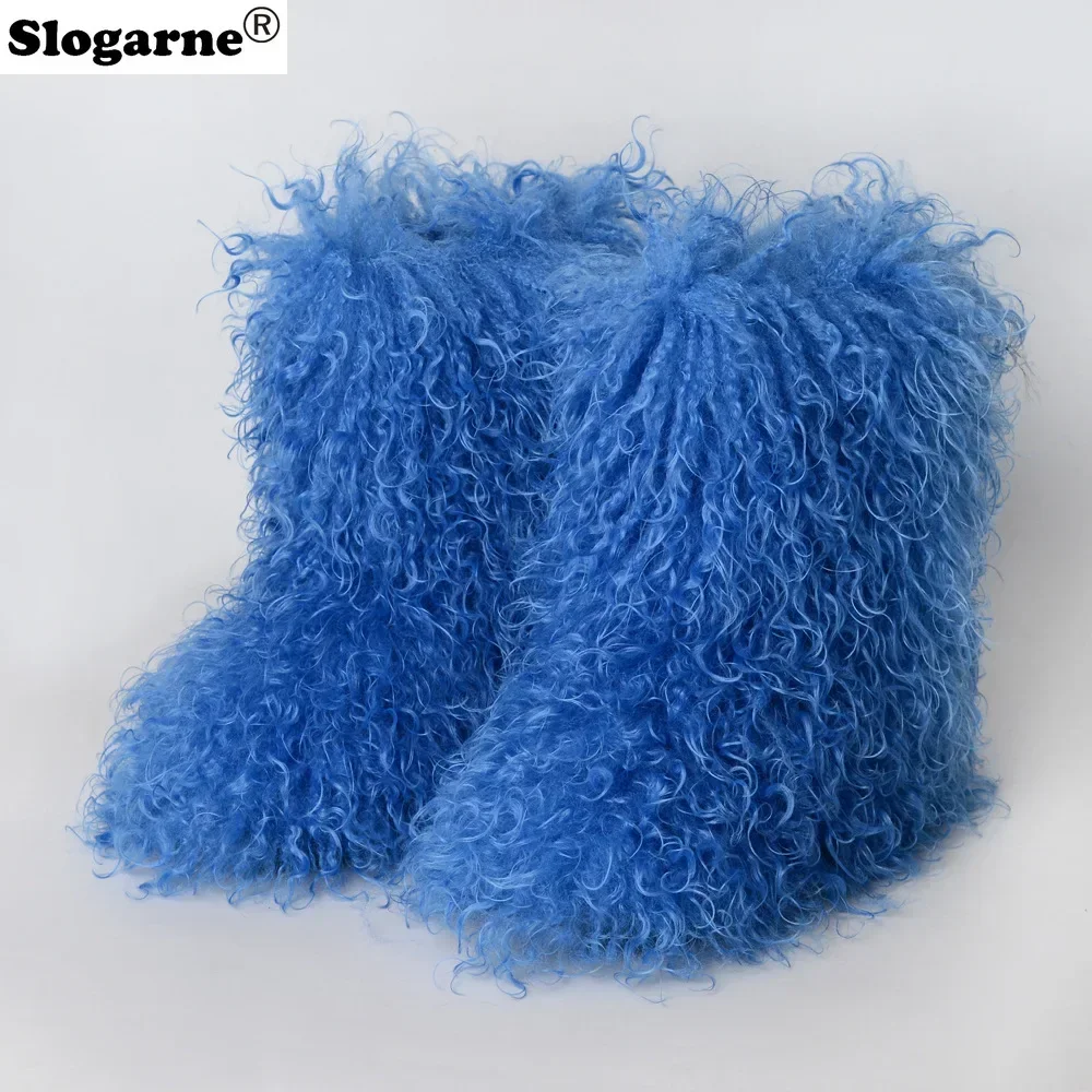 Ladies Trendy Mongolian Fur Boots Women Fahsion Teddy Fur Snow Boots Fluffy Warm Faux Wool Y2K Winter Shoes Plush Warm Footwear