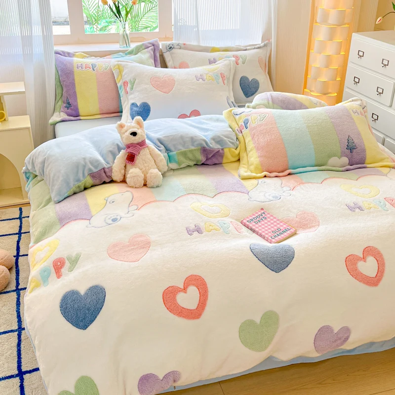 Winter Flannel Pink Heart Duvet Cover Animals Bear Soft Warm Keep Warm Bed Quilt Covers Milk Velvet Queen King Bed Home Textiles