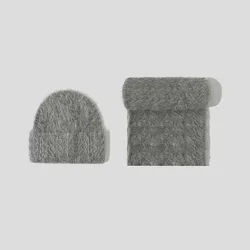 Fluffy Alpaca Wool Beanies Scarf Set Women Warm Knitted Hat Two Piece Winter