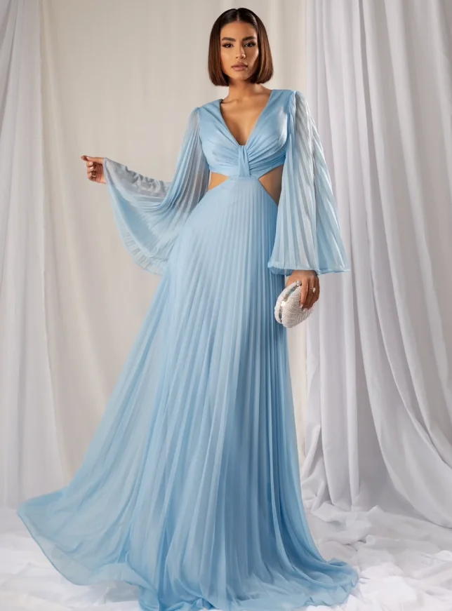 تخصيص جودة عالية طول الأرض التجاعيد حزام الظهر عارية الذراعين كامل الأكمام الأزرق الخامس الرقبة Abiye Uzun Elbise Modelleri Fساتين