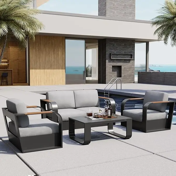 Outdoor Furniture with Aluminum Frame, Deep Seating Outdoor Loveseat and Coffee Table, Modern Patio Conversation Set