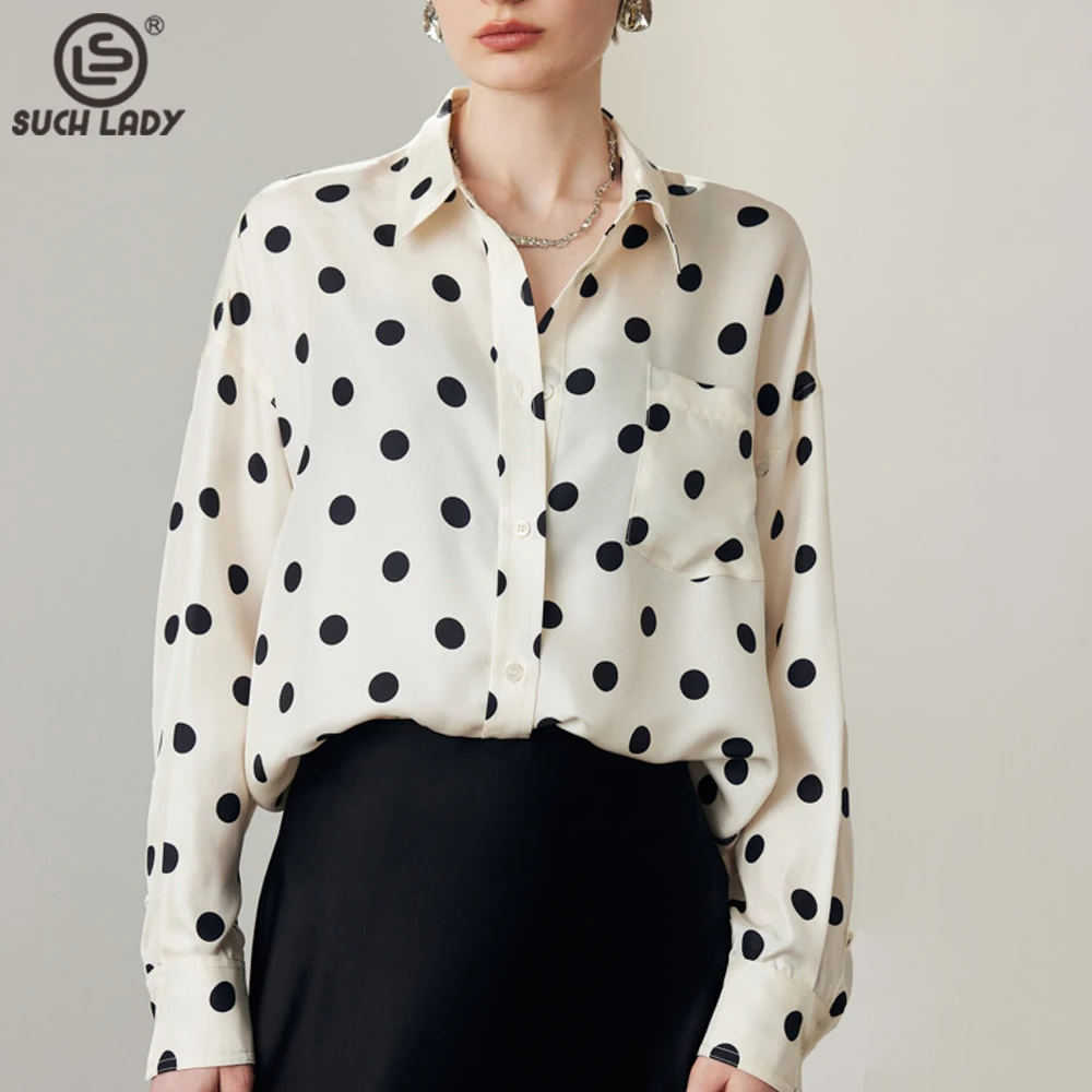 

100% Silk Women's Shirt Turn Down Collar Long Sleeves Dots Printed Elegant Fashion Blouse