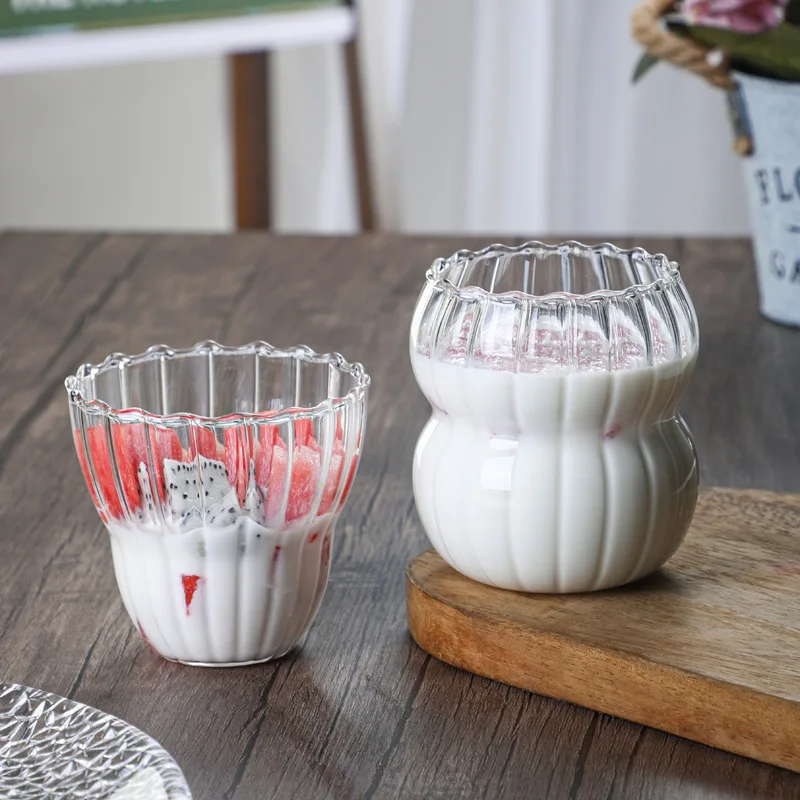 High Borosilicate Glass Cup,Striped Milk Juice Coffee Tumbler,Trendy Aesthetic Breakfast  Cold Drink Glassware Smoothie Cup