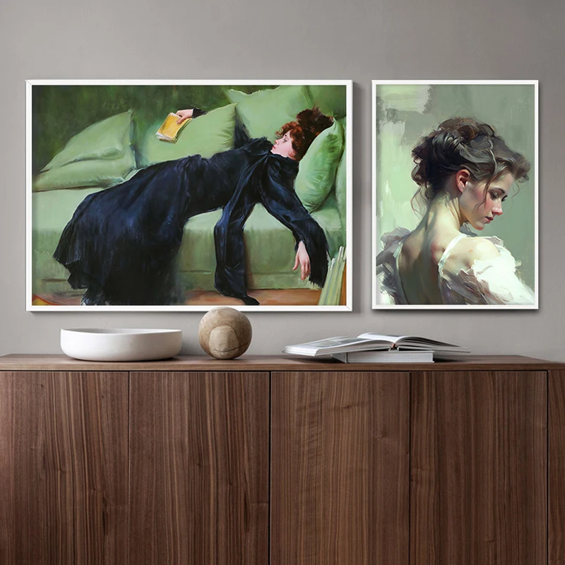 فتاة القراءة Vintage النفط الطلاء على قماش الملصقات العتيقة امرأة قارئ صورة الفن طباعة الفتيات غرفة مكتب ديكور جدران المنزل