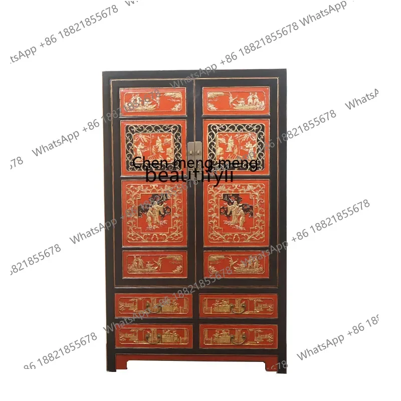 Chinese retro all-solid wood gold-painted entrance cabinet, locker, old bookcase, antique wardrobe