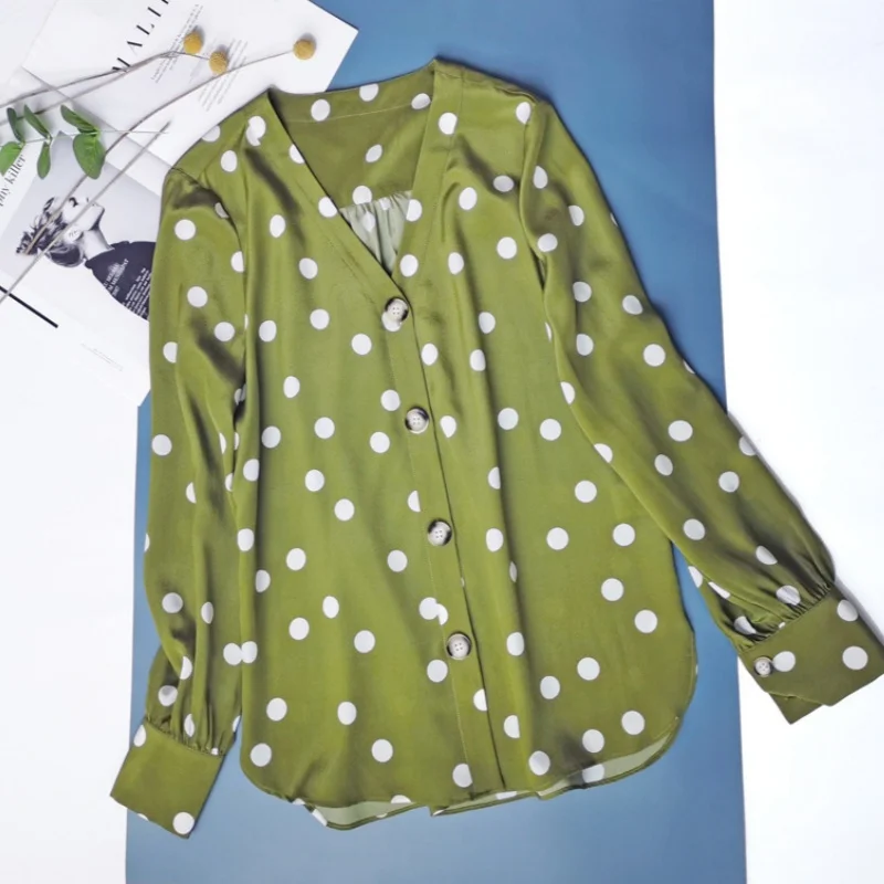 Birdtree, chemisier 100% soie de mûrier, hauts à col en v imprimés à pois pour femmes, manches lanternes, simple boutonnage, nouvelle chemise décontractée 2025 T5D407JF