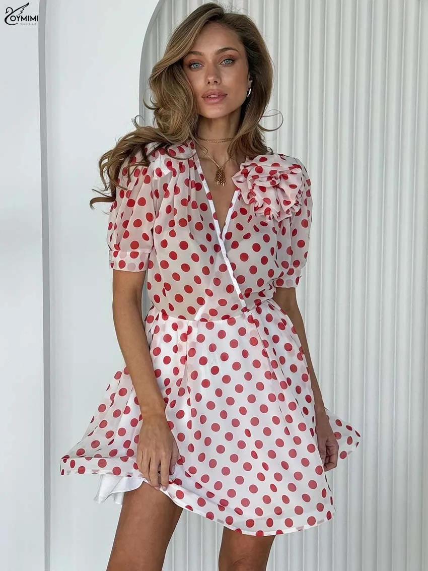Oymimi Mode Rode Print Damesjurk Casual V-hals Boog Korte Mouw Doorschijnende Jurken Zomer Hoge Taille Losse Mini-jurken