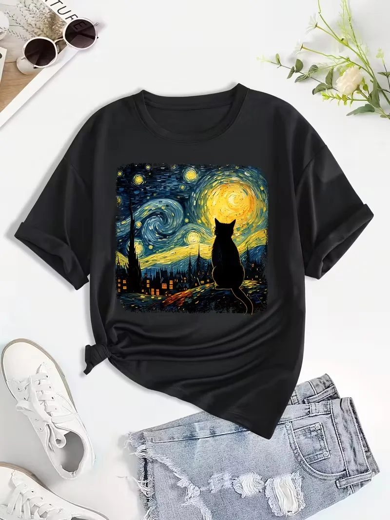 

Women's Black Van Gogh Starry Night Cat T-Shirt - Vintage Art Tee Casual Top for Cat Lovers, Van Gogh Fans Everyday Shirt