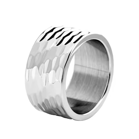 12MM Mens Silver Color Stainless Steel Ring Hammered Multi-Faceted Polished Stepped Edges Men Engagement Ring Anniversary Gifts