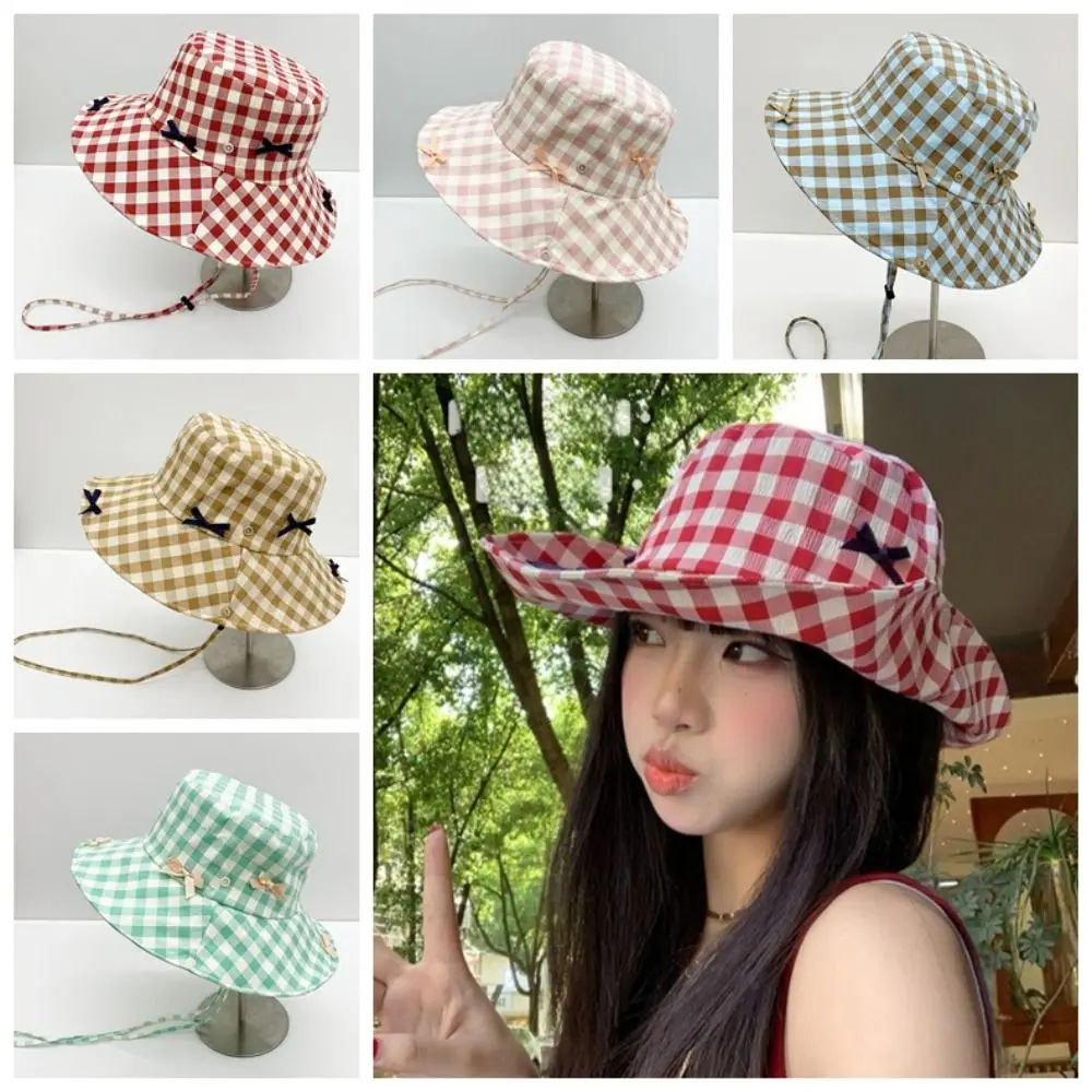 

Fashion Sun Protection Hiking Fisherman Hat Versatile Big Brim Plaid Hiking Cap Sunshade Small Lattice Bow Bucket Hat Summer