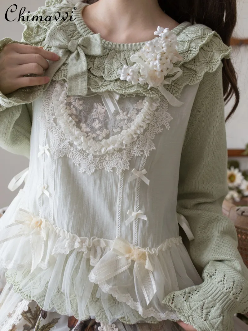 

Sweet Girl Pullover Round Neck Sweater Inner Wear Autumn and Winter Base Cute Puff Sleeve Knitted Warm Lolita Sweater Women