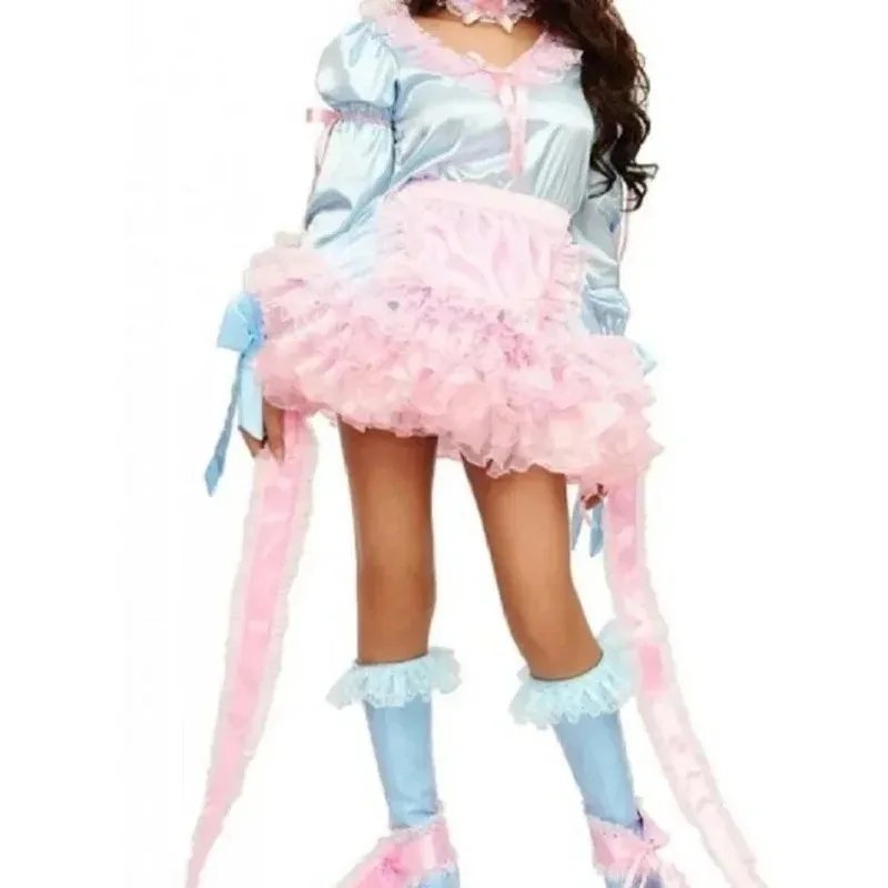 

Lockable Sissy French Sexy Pink Long Sleeve Satin Bracelet Anklet Skirt Maid Dress Custom Glamour Halloween Costume no shoes