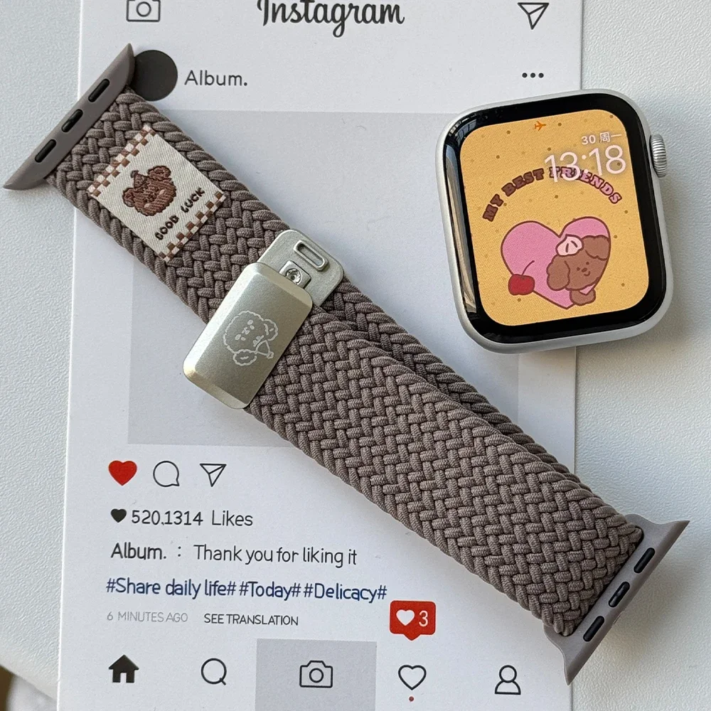Urso dos desenhos animados pulseira magnética de náilon para apple watch ultra2/1 49mm 10 42mm 46mm 41mm banda para iwatch série 9 8 7 6 5 4 se correa