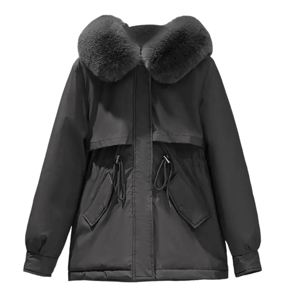 Winter Women Jacket Furry Hood Long Sleeves Padded Drawstring Waist Cotton Coat Zipper Mid Length Warm Long Jacket Outerwear