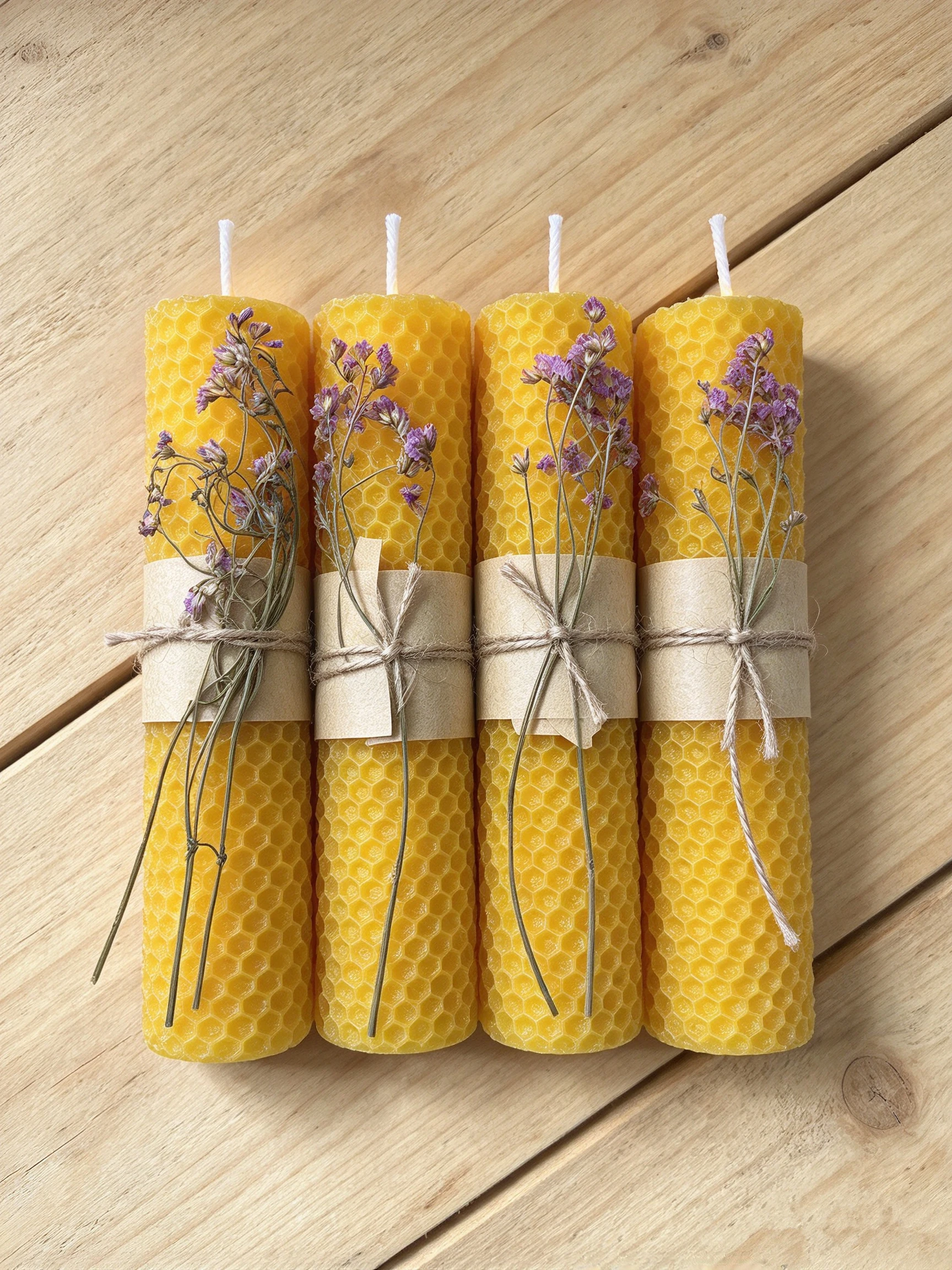 4pcs Handmade Rolled Beeswax Pillar Candles, 5.9 Inches, with Faux Flower Decorations, Perfect for Christmas and Gifts for Women
