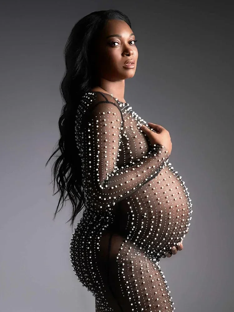 

Maternity Dresses Photoshoot See Through Pearl Crystal Transparent Tulle Pregnancy Photography Long Dresses For Women Pregnant