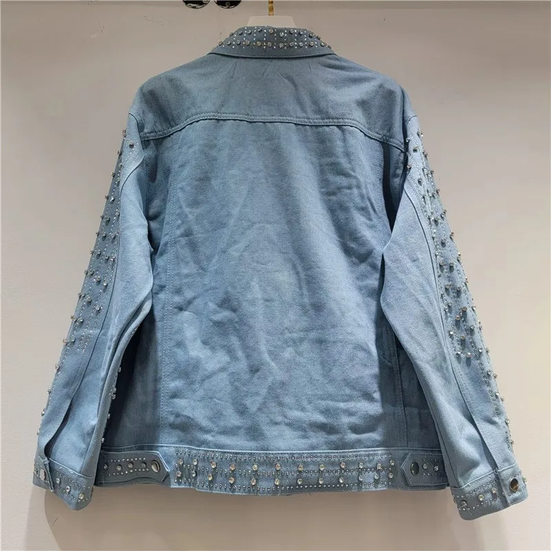 Heavy Work Beaded Diamond Blue Denim Jacket Casual Loose Spring Autumn New Women Turndown Collar Long Sleeve Jeans Jacket Coat
