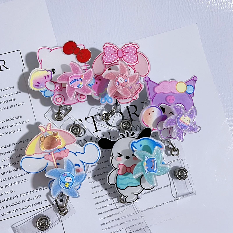 Sanrios Cartoon Badge Reel Mymelody Pochacco Kuromi HelloKittys Clip per carte d'identità retrattili per badge da infermiera Clip per carte di lavoro