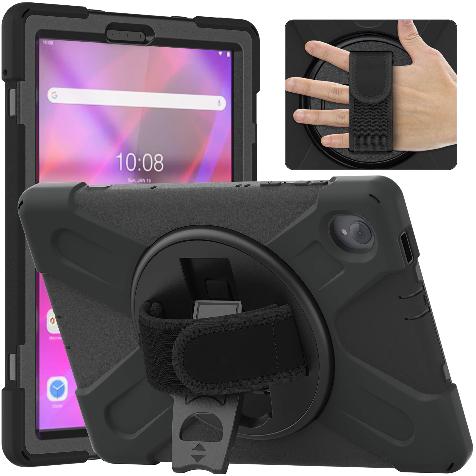 

For Lenovo Tab K10/M10 Plus 360-degree Swiveling Kickstand Anti-scratch PC + Silicone Hybrid Case Cover Shell with Hand Band - B