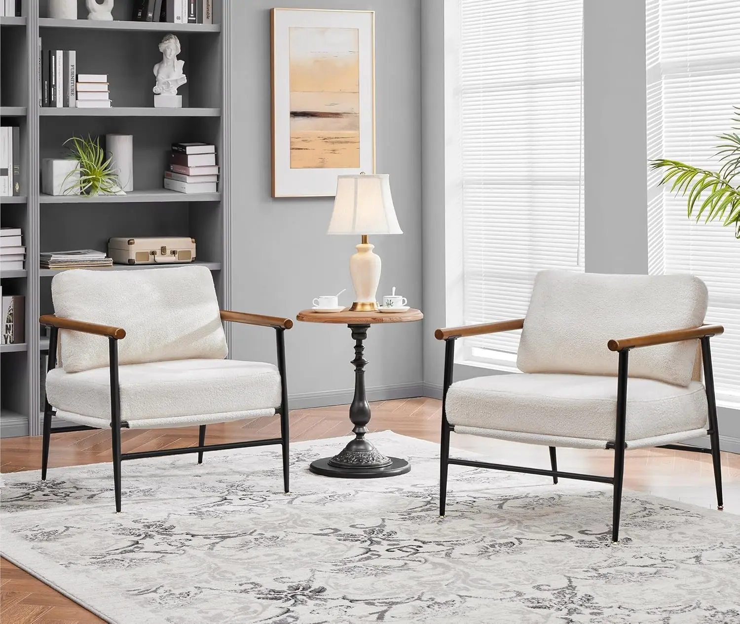 Living Room/Bedroom Boucle Fabric Ivory Lounge Chair, Metal Frame & Plush Cushions, Pocket Coil Seat