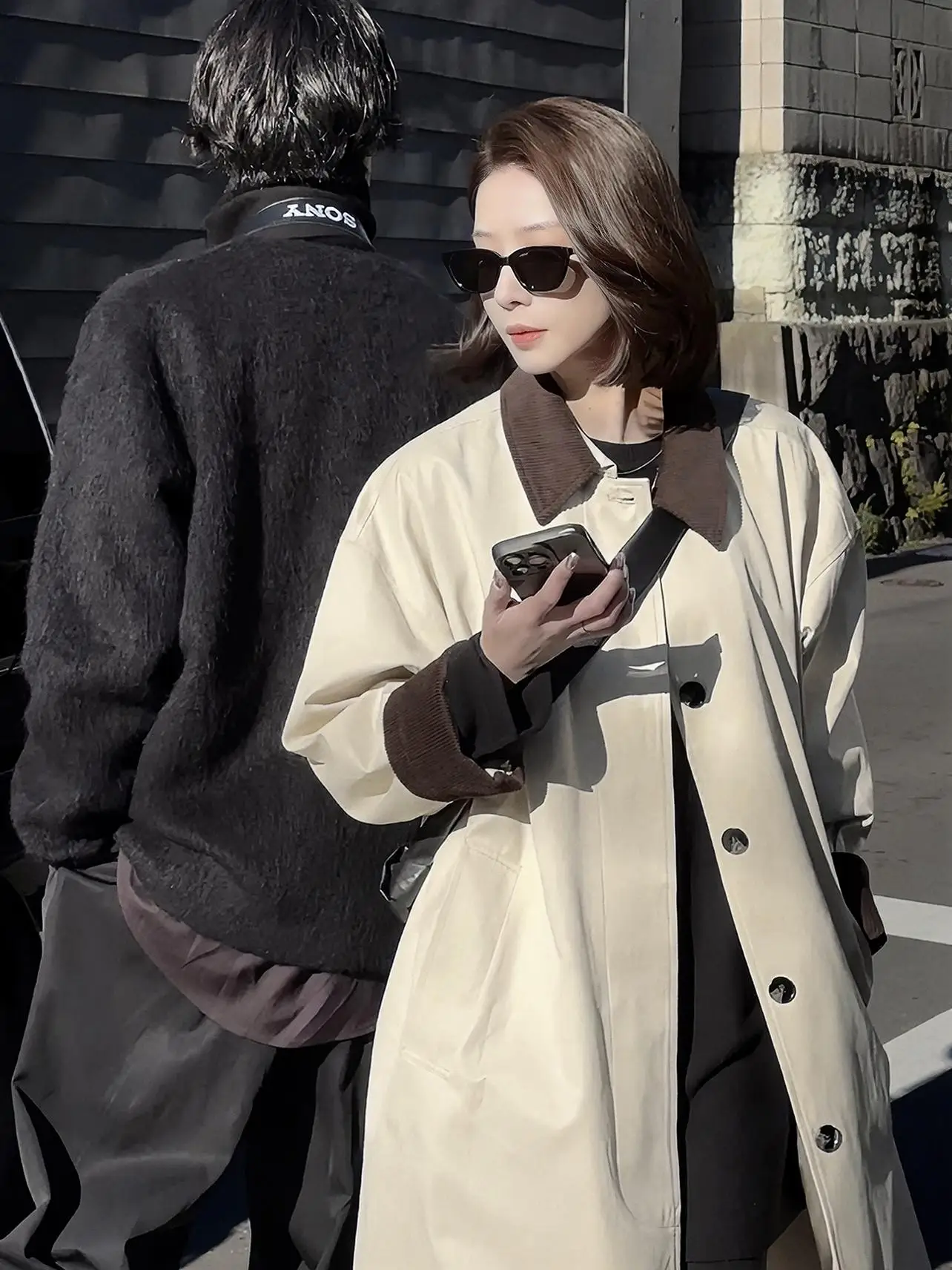 

Retro Briti Design Patchwork Double ket Coat Week Silhouette Long Sve Women's Spring Faion Outerwear Coat