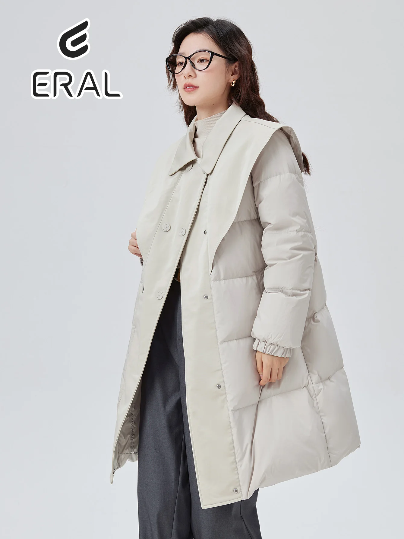 ERAL 2024 Winter Down Coat Belted Design Long-Length Jacket High Waist Slimming Long Sleeve Elegant Warm Women's Coat