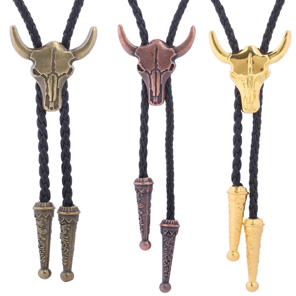 

Retro Bull Skull Skeleton Bolo Tie for Men Western Cowboy Chain Necklace Leather Rope Shirt Collar Jewelry Accessories