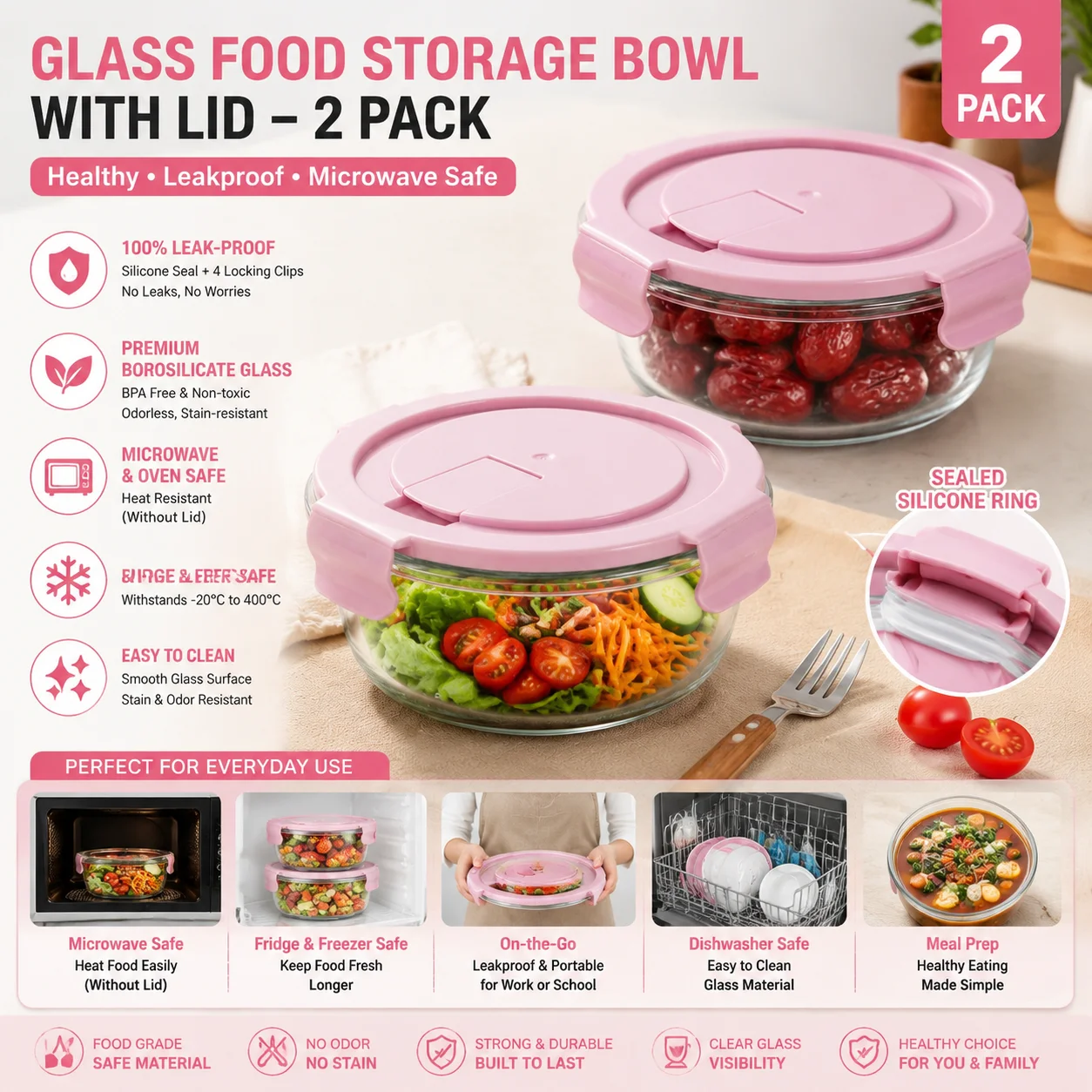 Meal Prep Glass Containers With Lids - 2PCS Pink Glass Food Storage Container