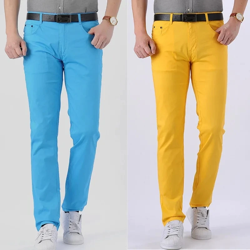 Pantalones amarillos informales de gama alta para hombre, pantalones ajustados de cintura alta elástica, pantalones versátiles de moda para viajes de negocios, nueva moda