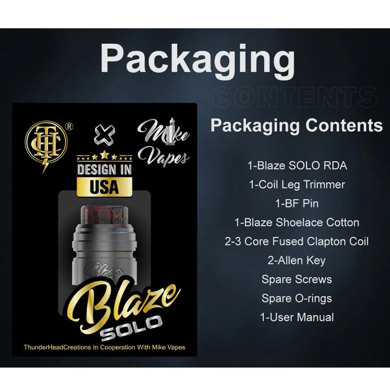 ThunderHead Creations-atomizador de cigarrillo electrónico Blaze Solo RDA, tanque de vapeo, 2ml, rosca 510, punta de goteo 810, bobina única