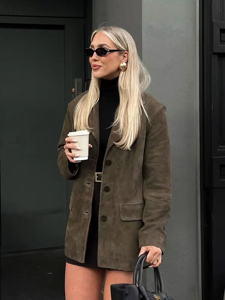 

HH женский осенний винтажный замшевый пиджак однотонный с длинными рукавами повседневная куртка с лацканами однобортные карманы уличные модные пальто