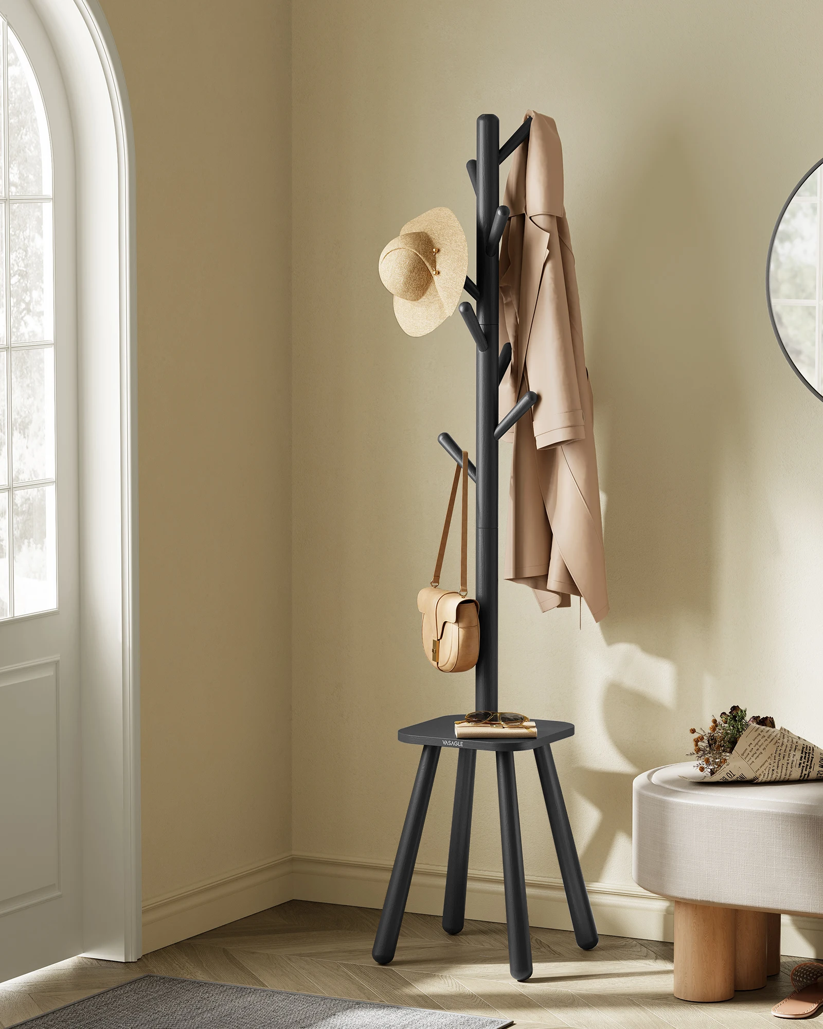 VASAGLE Coat Rack Stand Free Standing Hall Tree with 8 Hooks and Storage Shelf 170.5 cm Tall for Coats Hats Bags