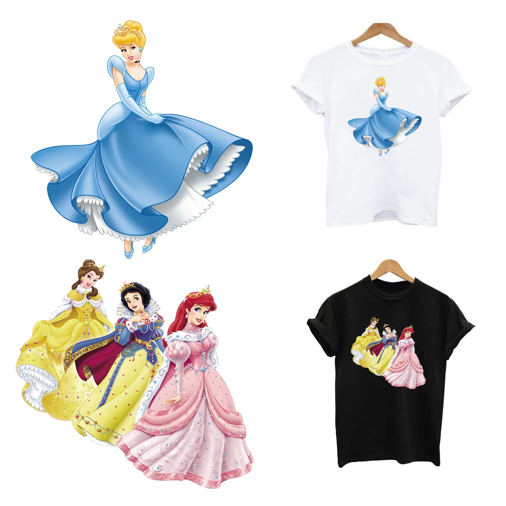 2Pcs/Lot Princess Disney Wome T-Shirt Iron On Patches Ironing Applications For Clothes Heat Thermal Transfer Fusible Stickers